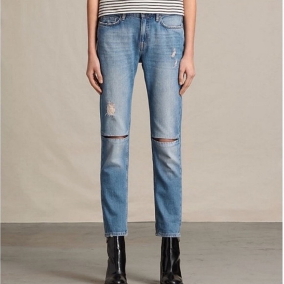 All Saints Denim - ALLSAINTS Slit Boyfriend Jeans Ripped Knees